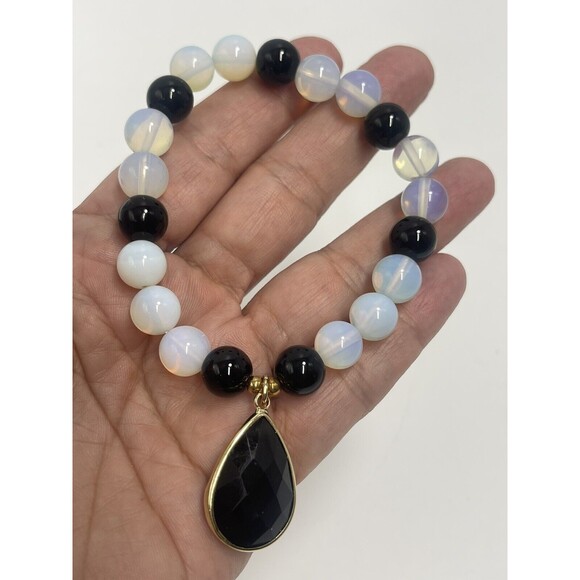 Toni Composite 10mm Moonstone & Black Onyx Beaded Bracket W/Teardrop Pendant New - Picture 6 of 7